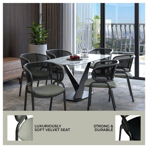 Leisuremod Ervilla Dining Chair in Black Steel Frame with Black Wicker Back and Grey Seat, 4PK - ECBL-20BL-GR4