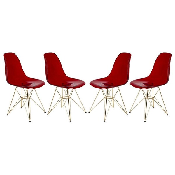 Leisuremod Cresco Plastic Dining Side Chair with Gold Base, Transparent Red, 4PK - CR19TRG4