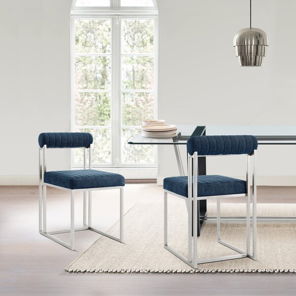 Armen Living Anastasia Dining Chair with Brushed Stainless Steel and Blue Fabric - Set of 2 - LCANSIBSBLU