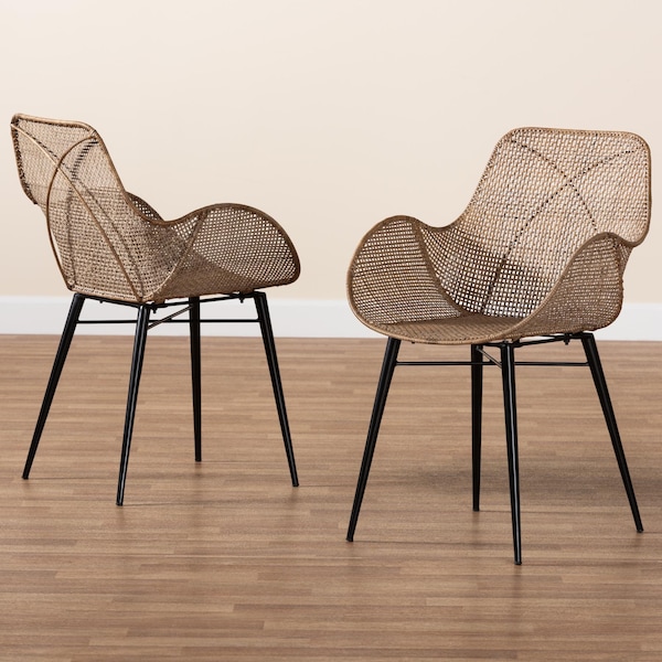 Baxton Studio Ballerina Modern Bohemian Greywashed Rattan and Black Metal 2-Piece Dining Chair Set, PR - 234-2PC-12828-ZORO