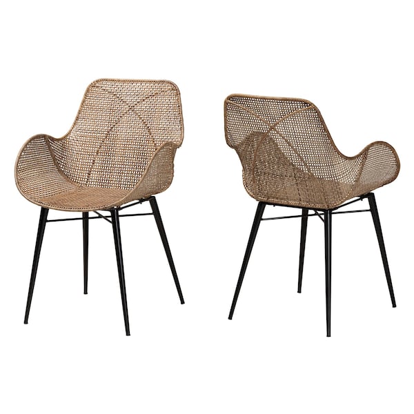 Baxton Studio Ballerina Modern Bohemian Greywashed Rattan and Black Metal 2-Piece Dining Chair Set, PR - 234-2PC-12828-ZORO