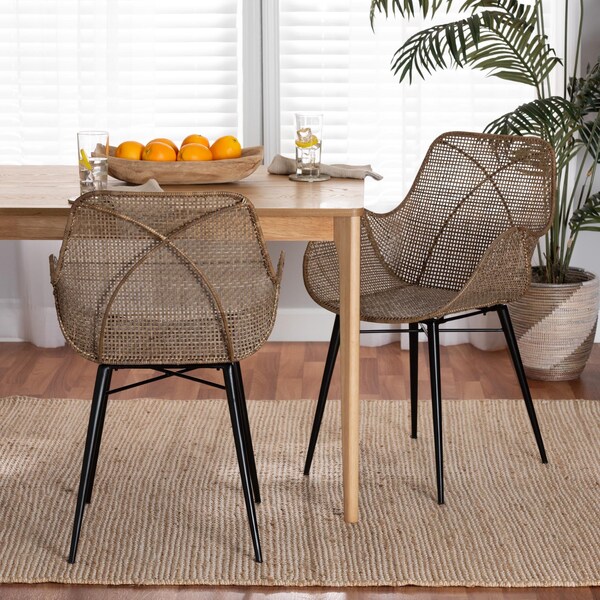 Baxton Studio Ballerina Modern Bohemian Greywashed Rattan and Black Metal 2-Piece Dining Chair Set, PR - 234-2PC-12828-ZORO