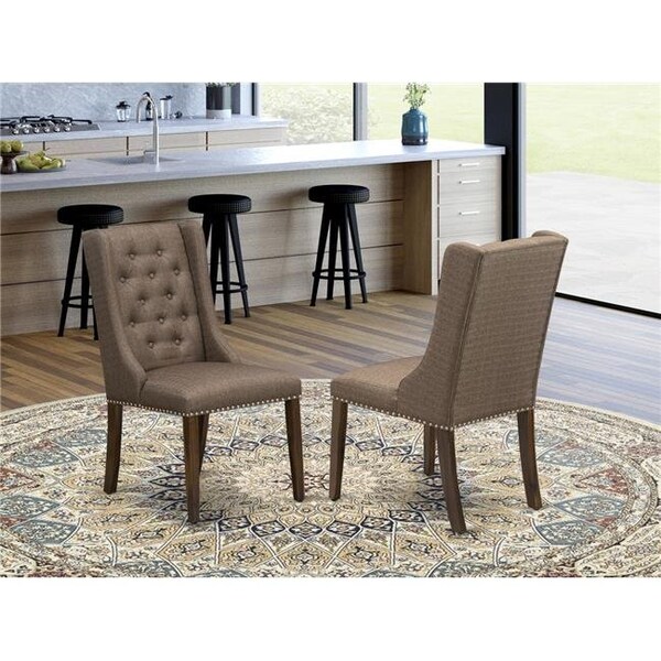 East West Furniture East West Furniture FOP8T18 Forney Brown Linen Fabric Parson Dining Chairs & Button Tufted Back with Antique Walnut Rubber Wood Legs - Set of 2 - FOP8T18