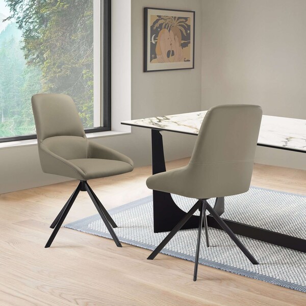 Armen Living Maverick Swivel Upholstered Dining Chair in Taupe Gray Faux Leather w Black Metal Legs - Set of 2 - LCMVSITAGRYBLK