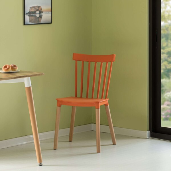 Fabulaxe Modern Plastic Dining Chair Windsor Design with Beech Wood Legs, Orange, PK 2 - QI004223.OR.2