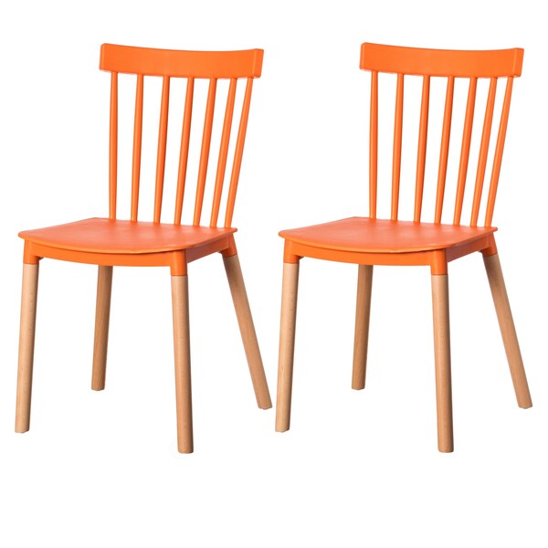 Fabulaxe Modern Plastic Dining Chair Windsor Design with Beech Wood Legs, Orange, PK 2 - QI004223.OR.2