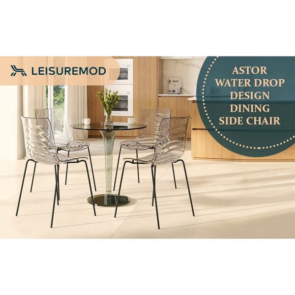 Leisuremod Astor Plastic Dining Chair with Black Steel Base Water Ripple Design in Clear - ACBL-20CL