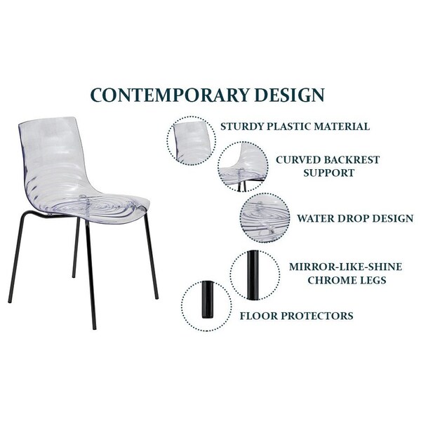 Leisuremod Astor Plastic Dining Chair with Black Steel Base Water Ripple Design in Clear - ACBL-20CL