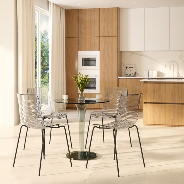 Leisuremod Astor Plastic Dining Chair with Black Steel Base Water Ripple Design in Clear - ACBL-20CL