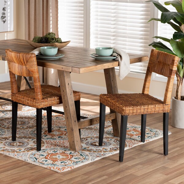 Bali & Pari Manrico Modern Bohemian Wood and Natural Rattan 2-Piece Dining Chair Set, PR - 238-2PC-13218-ZORO