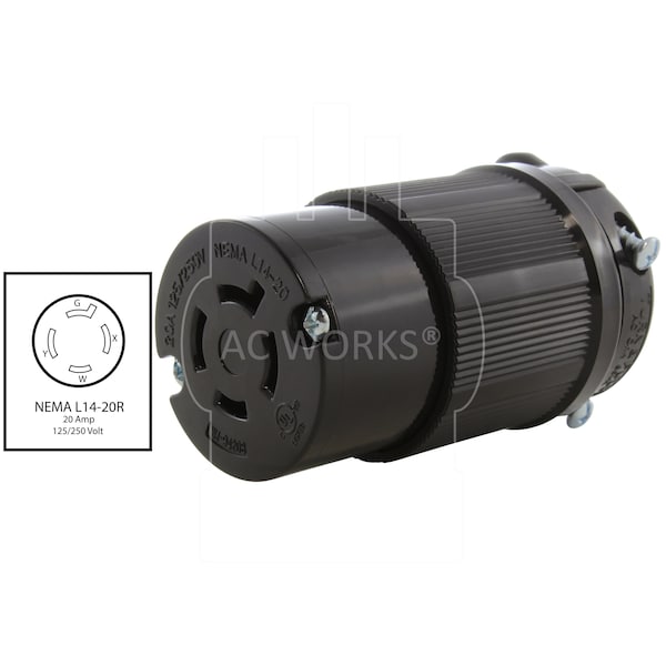 Ac Works NEMA L14-20R 20A 125/250V 4-Prong Locking Female Connector UL C-UL Approval in Black - ASL1420R-BK