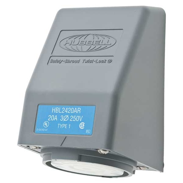 Hubbell 20A Angle Twist-Lock Receptacle 3P 4W 250VAC L15-20R GY - HBL2420AR