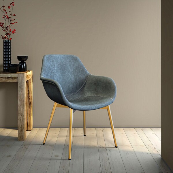 Leisuremod Markley Modern Leather Dining Arm Chair with Gold Metal Legs, Peacock Blue, 4PK - ECG26BU4