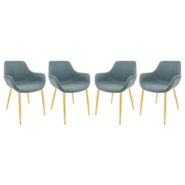 Leisuremod Markley Modern Leather Dining Arm Chair with Gold Metal Legs, Peacock Blue, 4PK - ECG26BU4