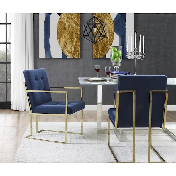 Posh Living Evan Velvet Button Tufted Square Arm Gold Frame Dining Chair, Navy, 2PK - AD56-02NY2-UE