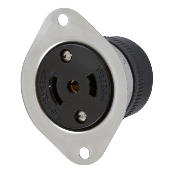 Hubbell Wiring Device-Kellems Locking Devices, Midget Twist-Lock®, Industrial, Flanged Receptacle, 15A 125/250V AC, 3-Pole 3-Wire Non Grounding, NEMA ML-3R, Stainless Steel Flange. - HBL7489