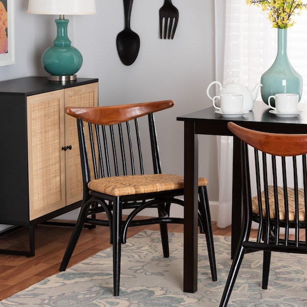 Baxton Studio Parthenia MidCentury  Black and Walnut Brown Finished Mahogany Wood and Natural Rattan Dining Chair - 224-12838-ZORO