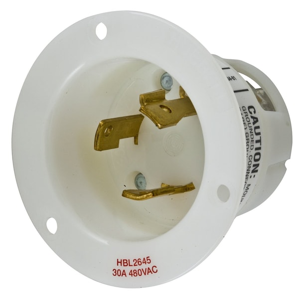 Hubbell Wiring Device-Kellems Locking Devices, Twist-Lock®, Industrial, Flanged Inlet, 30A 480V, 2-Pole 3-Wire Grounding, L8-30P, Screw Terminal, White - HBL2645