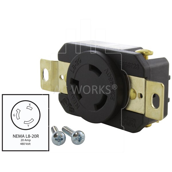 Ac Works 20A, 480V, NEMA L8-20R Flush Mount Locking Industrial Grade Receptacle - FML820R