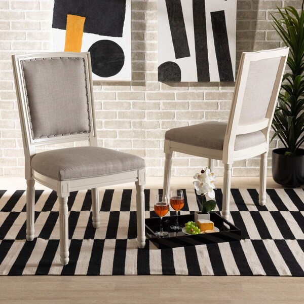 Baxton Studio Louane French Inspired Grey Fabric Upholstered and White Finished Wood Dining Chair, PK2 - 201-2PC-12332