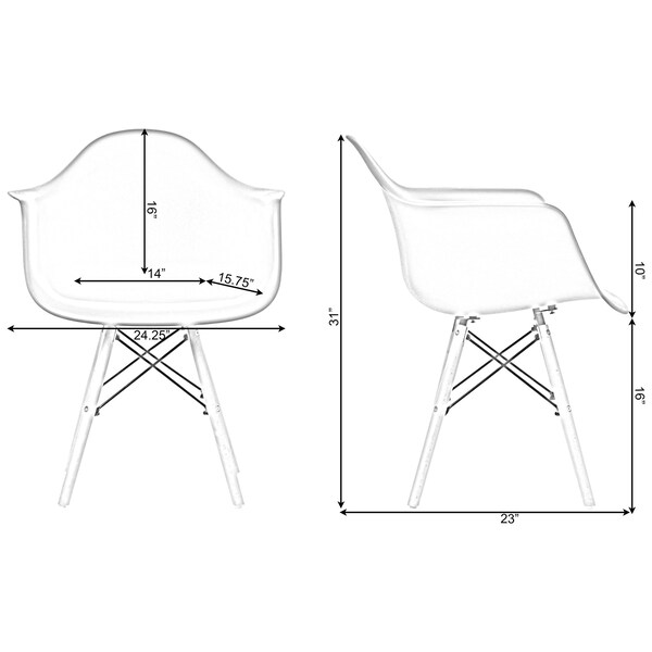Fabulaxe Mid-Century Modern Style Plastic DAW Shell Dining Arm Chair with Wooden Dowel Eiffel Legs, White - QI003748.WT