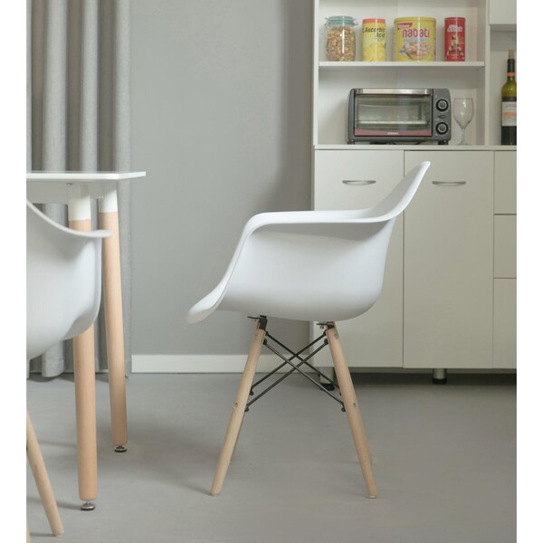 Fabulaxe Mid-Century Modern Style Plastic DAW Shell Dining Arm Chair with Wooden Dowel Eiffel Legs, White - QI003748.WT