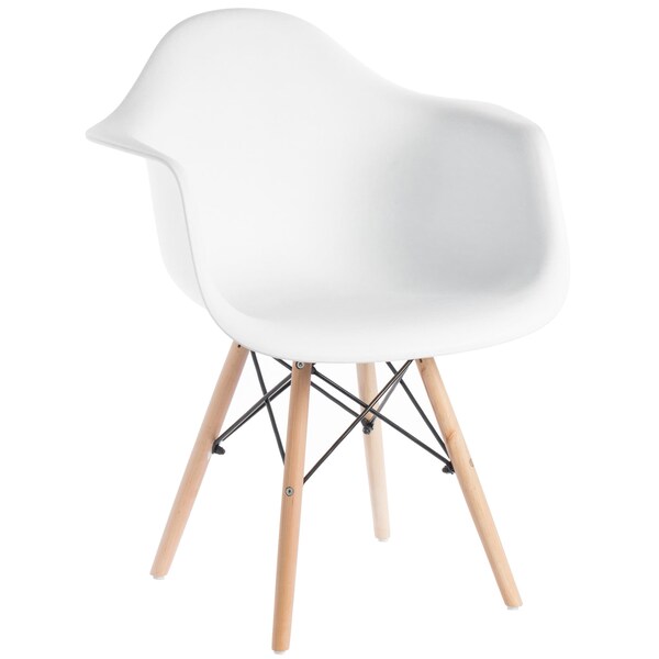 Fabulaxe Mid-Century Modern Style Plastic DAW Shell Dining Arm Chair with Wooden Dowel Eiffel Legs, White - QI003748.WT