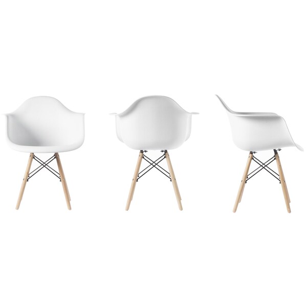 Fabulaxe Mid-Century Modern Style Plastic DAW Shell Dining Arm Chair with Wooden Dowel Eiffel Legs, White - QI003748.WT