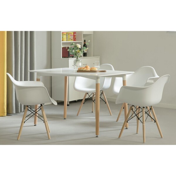 Fabulaxe Mid-Century Modern Style Plastic DAW Shell Dining Arm Chair with Wooden Dowel Eiffel Legs, White - QI003748.WT