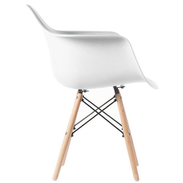 Fabulaxe Mid-Century Modern Style Plastic DAW Shell Dining Arm Chair with Wooden Dowel Eiffel Legs, White - QI003748.WT