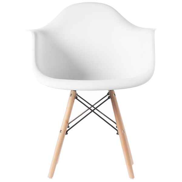 Fabulaxe Mid-Century Modern Style Plastic DAW Shell Dining Arm Chair with Wooden Dowel Eiffel Legs, White - QI003748.WT