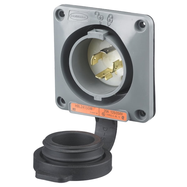 Hubbell Wiring Device-Kellems Locking Devices, Twist-Lock®, Watertight Safety Shroud, Flanged Inlet, 20A 125/250V, 3-Pole 4-Wire Grounding, L14-20P, Screw Terminal, Gray - HBL2415SW
