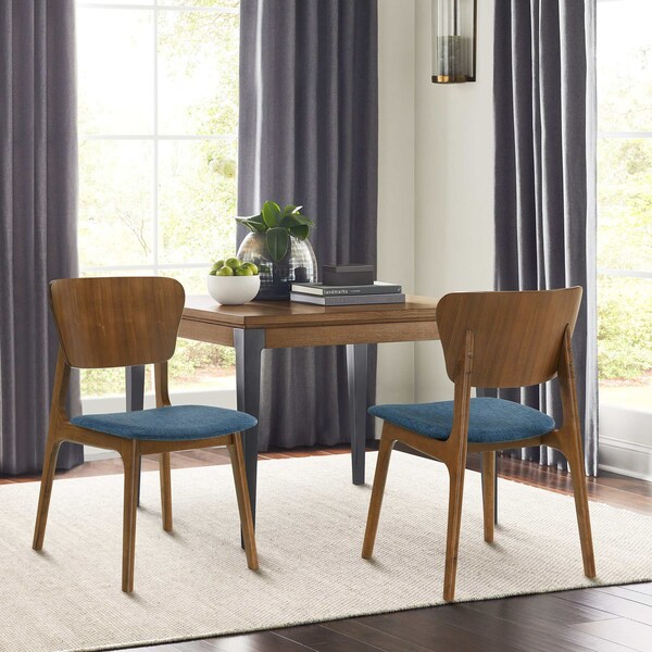 Armen Living Kalia Wood Dining Chair in Walnut Finish with Blue Fabric - Set of 2 - LCKACHWABLU