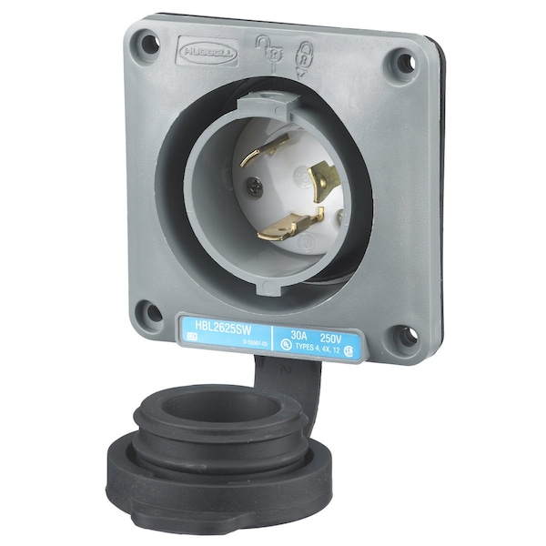 Hubbell Wiring Device-Kellems Locking Devices, Twist-Lock®, Watertight Safety-Shroud® Flanged Inlet, 30A, 250V AC, 2 Pole, 3 Wire Grounding, NEMA L6-30P Valox® housing and flange - HBL2625SW