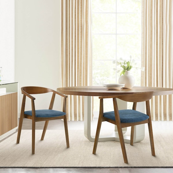 Armen Living Santana Wood Dining Chair in Walnut Finish with Blue Fabric - Set of 2 - LCSACHWABLU