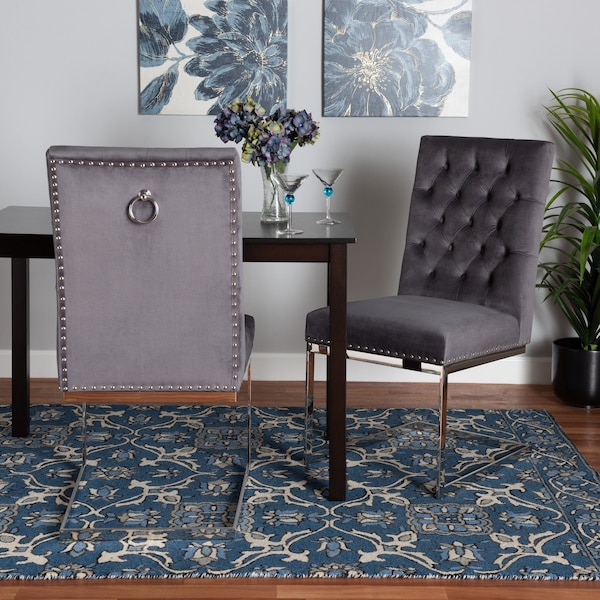 Baxton Studio Sherine Contemporary Glam and Luxe Grey Velvet Fabric and Silver Metal 2Piece Dining Chair Set - 221-2PC-12907-ZORO