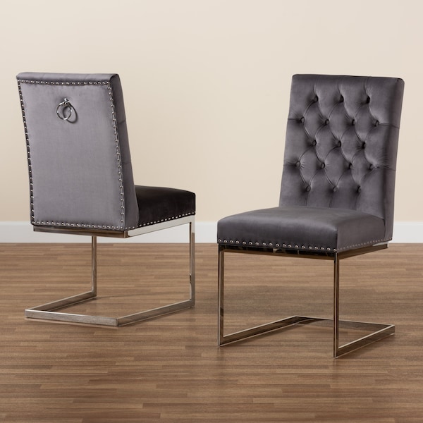Baxton Studio Sherine Contemporary Glam and Luxe Grey Velvet Fabric and Silver Metal 2Piece Dining Chair Set - 221-2PC-12907-ZORO