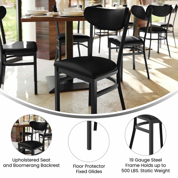 Flash Furniture Wright Dining Chair w/500LB Cap Black Steel Frame, Black Vinyl Boomerang Back, Black Vinyl Seat - XU-DG6V5BKV-BK-GG