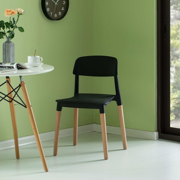 Fabulaxe Modern Plastic Dining Chair Open Back with Beech Wood Legs, Black, PK 2 - QI004222.BK.2