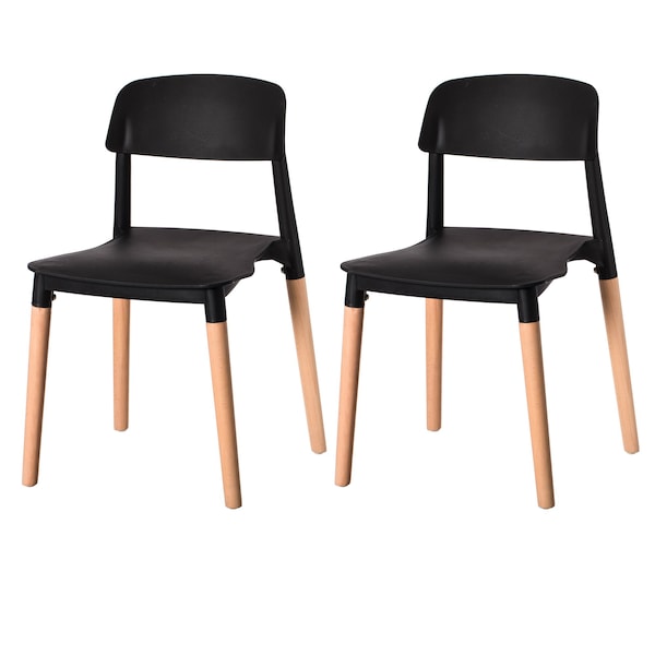 Fabulaxe Modern Plastic Dining Chair Open Back with Beech Wood Legs, Black, PK 2 - QI004222.BK.2