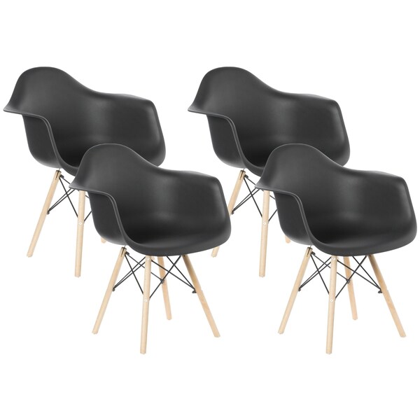 Fabulaxe Plastic DAW Shell Dining Arm Chair with Wooden Dowel Eiffel Legs, Black, PK 4 - QI003748.BK.4