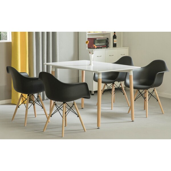 Fabulaxe Plastic DAW Shell Dining Arm Chair with Wooden Dowel Eiffel Legs, Black, PK 4 - QI003748.BK.4