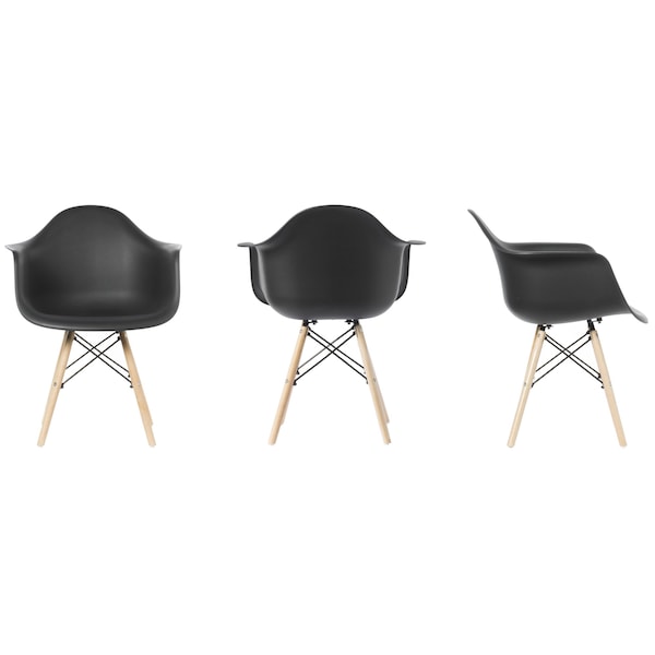 Fabulaxe Plastic DAW Shell Dining Arm Chair with Wooden Dowel Eiffel Legs, Black, PK 4 - QI003748.BK.4