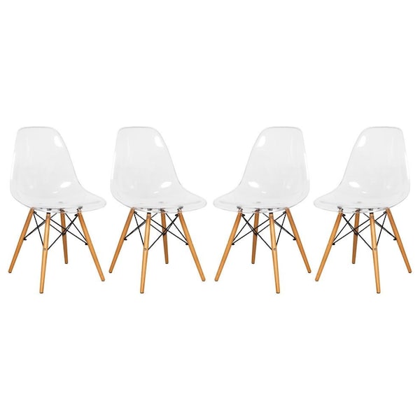 Leisuremod Dover Plastic Dining Side Chair with Wooden Legs, Clear, 4PK - EP19CL4