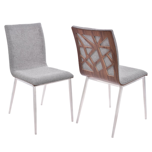 Armen Living Crystal Dining Chair in Brushed Stainless Steel finish with Gray Fabric and Walnut Back - Set of 2 - LCCRCHGRF