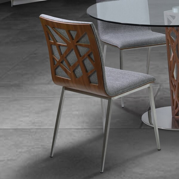 Armen Living Crystal Dining Chair in Brushed Stainless Steel finish with Gray Fabric and Walnut Back - Set of 2 - LCCRCHGRF