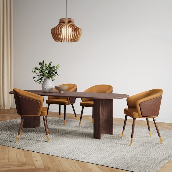 Manhattan Comfort Reeva Dining Chair in Leatherette with Beech Wood Back and Solid Wood Legs in Walnut and Camal - DC082-CL