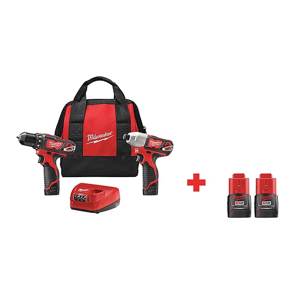 Milwaukee Tool Cordless Combination Kit, 12V DC, Includes 1.5 Ah Batteries and Charger - 2494-22, 48-11-2411