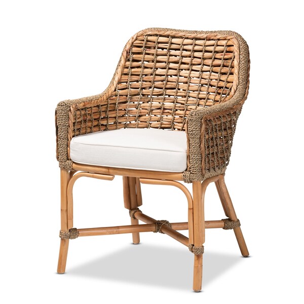 Baxton Studio Kyle Modern Bohemian Natural Brown Woven Rattan Dining Arm Chair with Cushion - 212-12804-ZORO