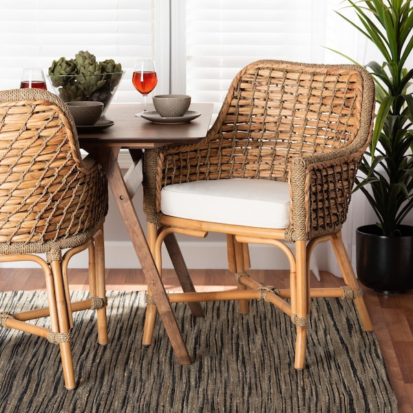 Baxton Studio Kyle Modern Bohemian Natural Brown Woven Rattan Dining Arm Chair with Cushion - 212-12804-ZORO